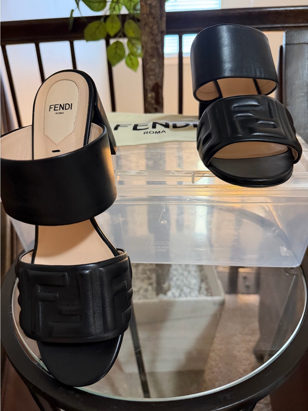 Fendi Black Leather FF-Embossed Double Band Slide Mules - 40 1/2